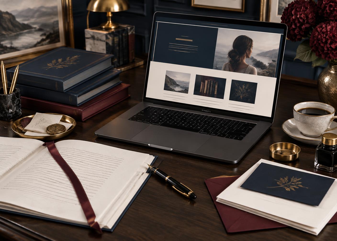 Premium author website and book brand materials displayed on a desk