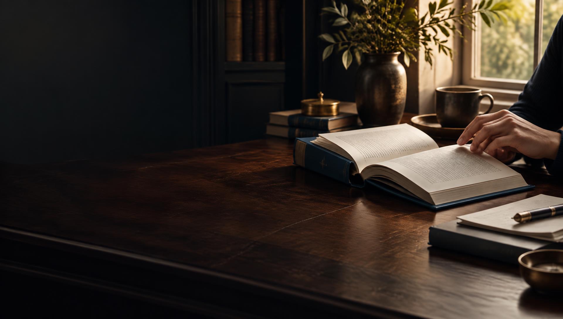 Open hardcover book in a refined writer's study